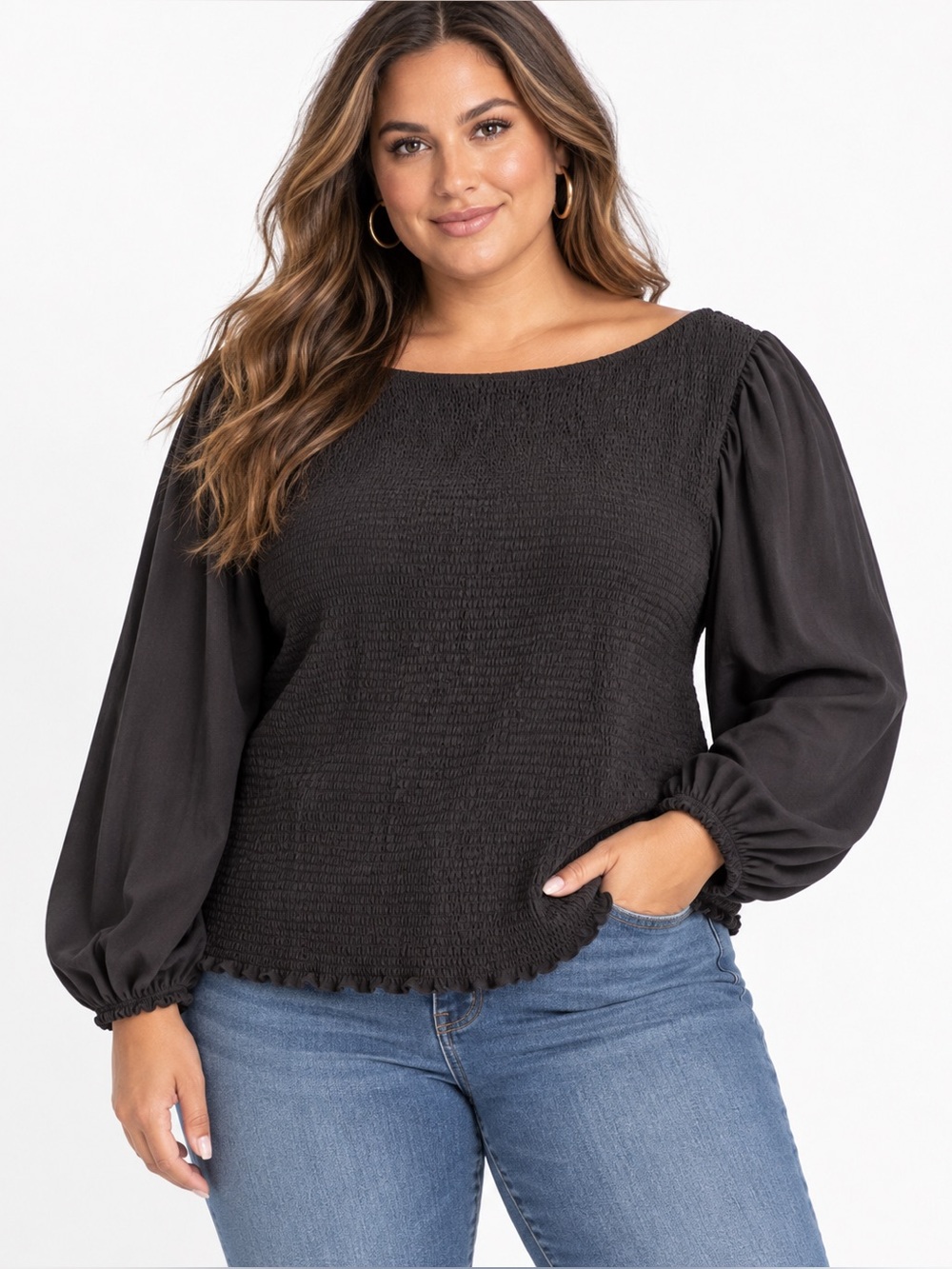 Nation Los Angeles Aidan‎ Black Smocked Long-Sleeve Blouse XXL